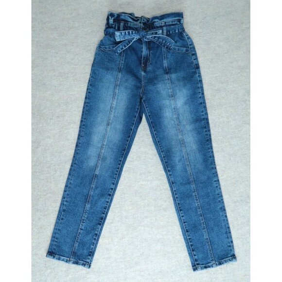Vervet Plastic Love Stretch Mom Jeans Belted Waistband Seamed Blue Denim Size 25 - Picture 4 of 15